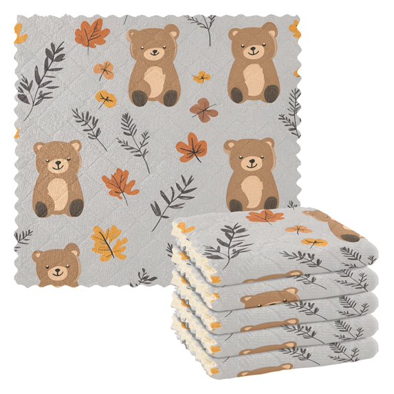 Yayeee 6 Pack Kitchen Dish Cloths Set for Washing Soft Drying Absorbent Microfiber Towels, Brown Cartoon Bears