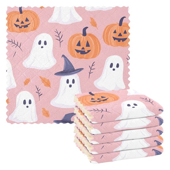 Yayeee 6 Pack Kitchen Dish Cloths Set for Washing Soft Drying Absorbent Microfiber Towels, Cartoon Halloween Ghosts