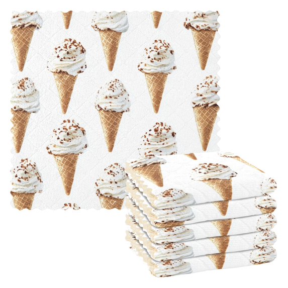 Yayeee 6 Pack Kitchen Dish Cloths Set for Washing Soft Drying Absorbent Microfiber Towels, Cartoon Ice Cream Pattern