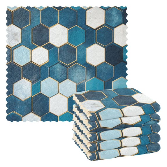 Yayeee 6 Pack Kitchen Dish Cloths Set for Washing Soft Drying Absorbent Microfiber Towels, Dark Blue Hexagon Patterns