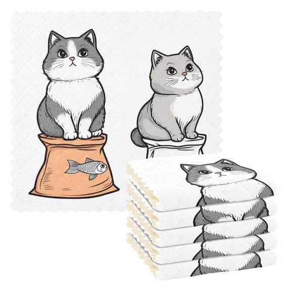 Yayeee 6 Pack Kitchen Dish Cloths Set for Washing Soft Drying Absorbent Microfiber Towels, Gray Cute Chubby Cat