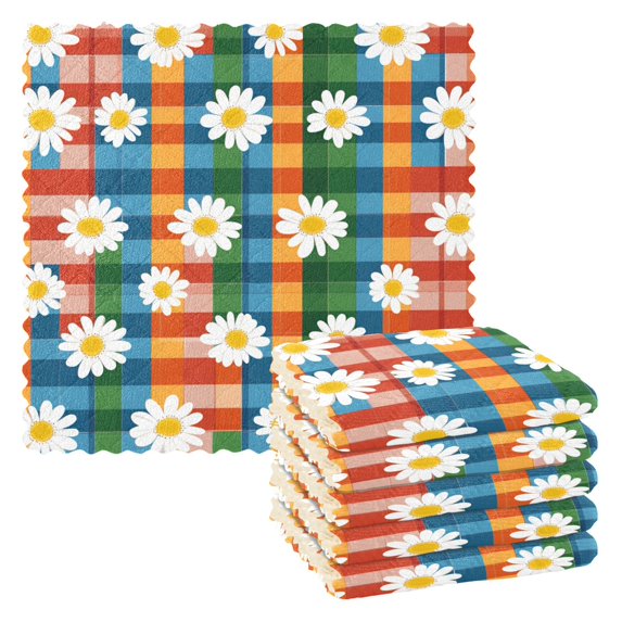 Yayeee 6 Pack Kitchen Dish Cloths Set for Washing Soft Drying Absorbent Microfiber Towels, Green Checkered Daisy