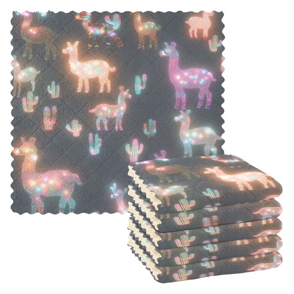 Yayeee 6 Pack Kitchen Dish Cloths Set for Washing Soft Drying Absorbent Microfiber Towels, Neon Llamas Pattern