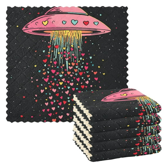 Yayeee 6 Pack Kitchen Dishcloths for Washing Dishes Soft Absorbent Microfiber Towels, UFO with Hearts Pattern