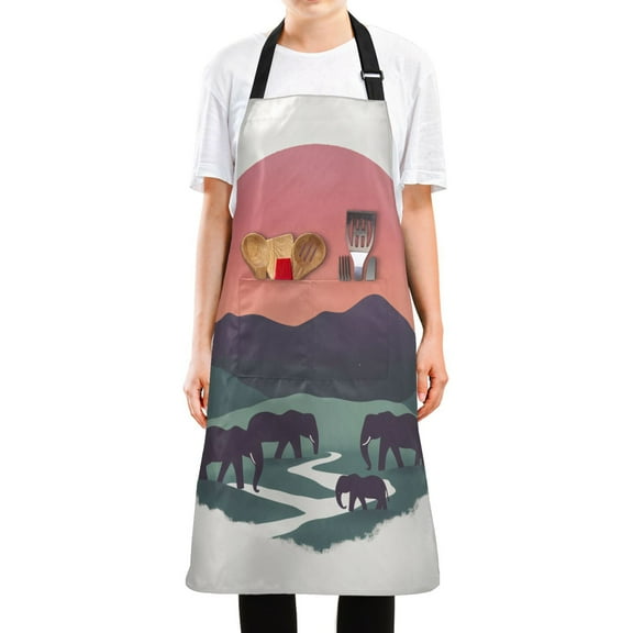 Yayeee Chief Kitchen Apron with Pockets for Cooking Water Resistant Unisex Adjustable Neck Strap, Abstract Elephant