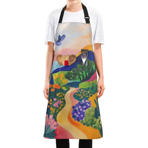 Yayeee Chief Kitchen Apron with Pockets for Cooking Water Resistant Unisex Adjustable Neck Strap, Art Path