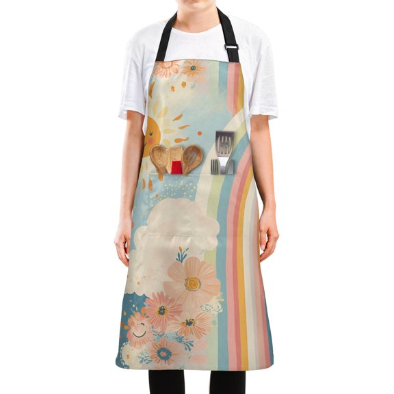 Yayeee Chief Kitchen Apron with Pockets for Cooking Water Resistant Unisex Adjustable Neck Strap, Beige Rainbow Clouds