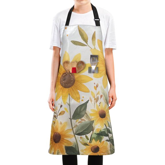 Yayeee Chief Kitchen Apron with Pockets for Cooking Water Resistant Unisex Adjustable Neck Strap, Beige Sunflowers