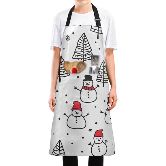 Yayeee Chief Kitchen Apron with Pockets for Cooking Water Resistant Unisex Adjustable Neck Strap, Black Cartoon Snowmen