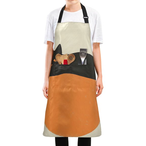 Yayeee Chief Kitchen Apron with Pockets for Cooking Water Resistant Unisex Adjustable Neck Strap, Black Cat Orange Ball
