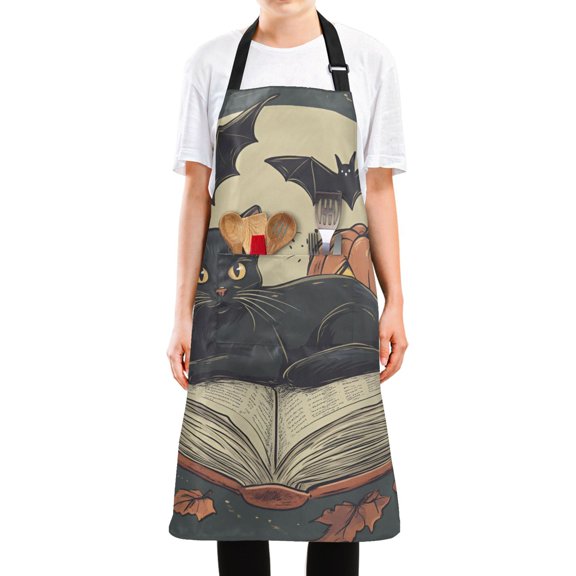 Yayeee Chief Kitchen Apron with Pockets for Cooking Water Resistant Unisex Adjustable Neck Strap, Black Halloween Cat