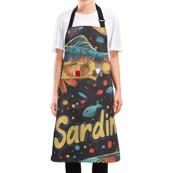 Yayeee Chief Kitchen Apron with Pockets for Cooking Water Resistant Unisex Adjustable Neck Strap, Black Sardines Pattern