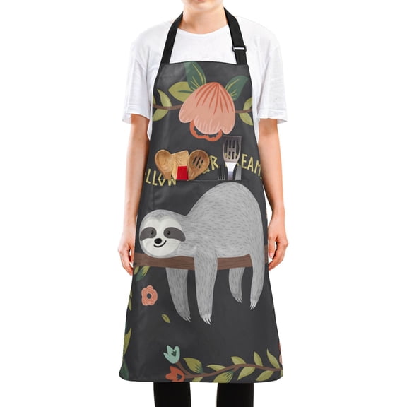 Yayeee Chief Kitchen Apron with Pockets for Cooking Water Resistant Unisex Adjustable Neck Strap, Black Sloth Pattern