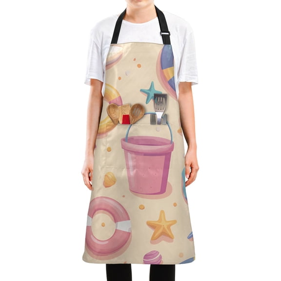 Yayeee Chief Kitchen Apron with Pockets for Cooking Water Resistant Unisex Adjustable Neck Strap, Blue Beach Toys Pattern