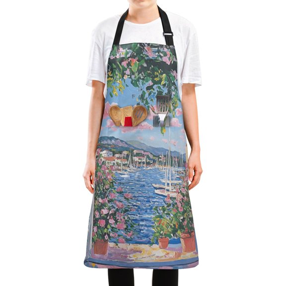 Yayeee Chief Kitchen Apron with Pockets for Cooking Water Resistant Unisex Adjustable Neck Strap, Blue Floral Window