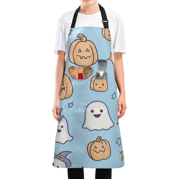 Yayeee Chief Kitchen Apron with Pockets for Cooking Water Resistant Unisex Adjustable Neck Strap, Blue Halloween Ghosts