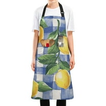Yayeee Chief Kitchen Apron with Pockets for Cooking Water Resistant Unisex Adjustable Neck Strap, Blue Plaid Lemon