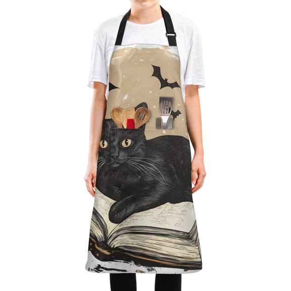 Yayeee Chief Kitchen Apron with Pockets for Cooking Water Resistant Unisex Adjustable Neck Strap, Brown Halloween Cat