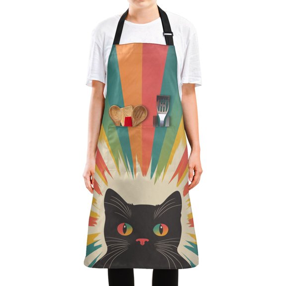 Yayeee Chief Kitchen Apron with Pockets for Cooking Water Resistant Unisex Adjustable Neck Strap, Colorful Black Cat