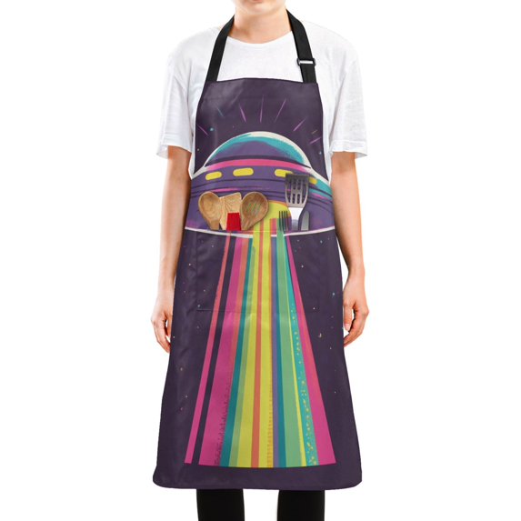 Yayeee Chief Kitchen Apron with Pockets for Cooking Water Resistant Unisex Adjustable Neck Strap, Colorful UFO
