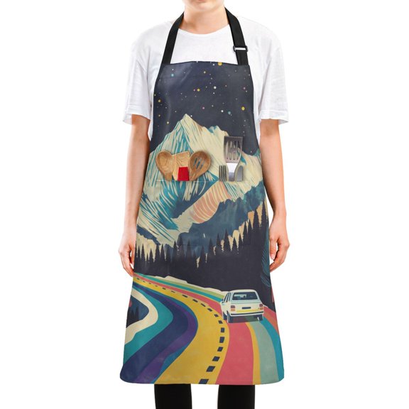 Yayeee Chief Kitchen Apron with Pockets for Cooking Water Resistant Unisex Adjustable Neck Strap, Evening Mountain Road