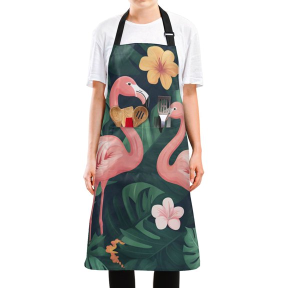 Yayeee Chief Kitchen Apron with Pockets for Cooking Water Resistant Unisex Adjustable Neck Strap, Flamingo Leaves Pattern