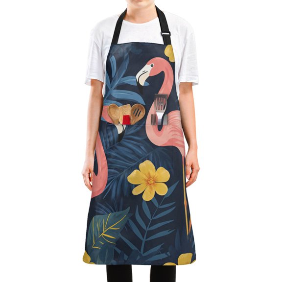 Yayeee Chief Kitchen Apron with Pockets for Cooking Water Resistant Unisex Adjustable Neck Strap, Floral Flamingo