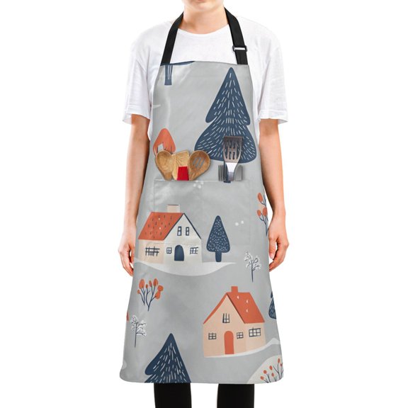 Yayeee Chief Kitchen Apron with Pockets for Cooking Water Resistant Unisex Adjustable Neck Strap, Gray Cartoon Houses