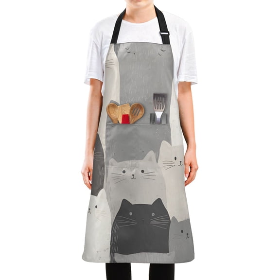 Yayeee Chief Kitchen Apron with Pockets for Cooking Water Resistant Unisex Adjustable Neck Strap, Gray Cute Cats