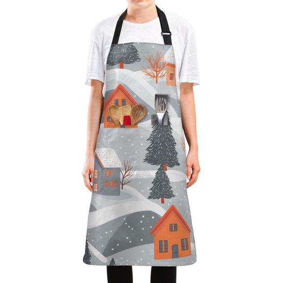 Yayeee Chief Kitchen Apron with Pockets for Cooking Water Resistant Unisex Adjustable Neck Strap, Gray Snow Houses