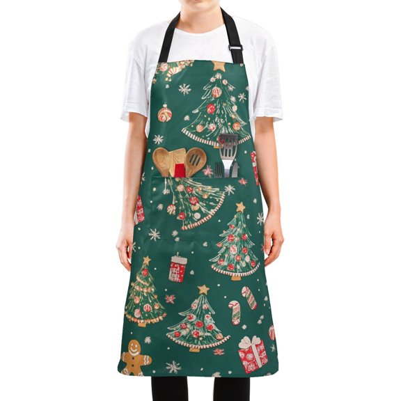 Yayeee Chief Kitchen Apron with Pockets for Cooking Water Resistant Unisex Adjustable Neck Strap, Green Christmas Gingerbread