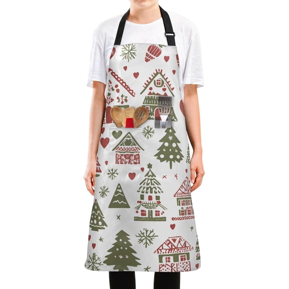Yayeee Chief Kitchen Apron with Pockets for Cooking Water Resistant Unisex Adjustable Neck Strap, Green Nordic Christmas