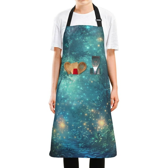 Yayeee Chief Kitchen Apron with Pockets for Cooking Water Resistant Unisex Adjustable Neck Strap, Magical Forest Glowing Lights