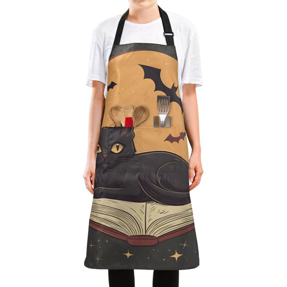 Yayeee Chief Kitchen Apron with Pockets for Cooking Water Resistant Unisex Adjustable Neck Strap, Orange Halloween Cat