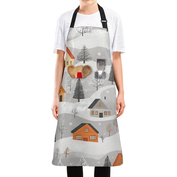 Yayeee Chief Kitchen Apron with Pockets for Cooking Water Resistant Unisex Adjustable Neck Strap, Orange Snow Houses