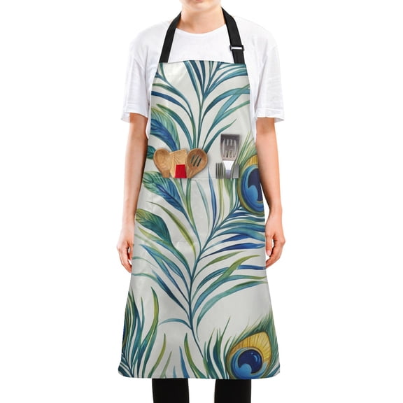 Yayeee Chief Kitchen Apron with Pockets for Cooking Water Resistant Unisex Adjustable Neck Strap, Peacock Feather
