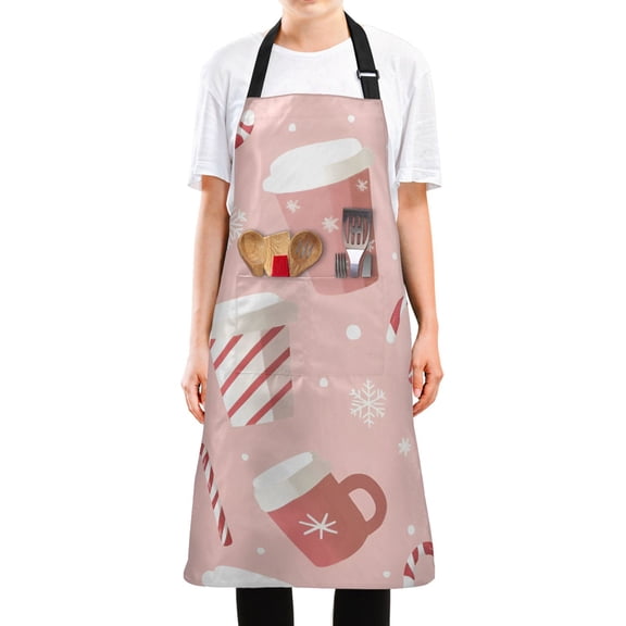 Yayeee Chief Kitchen Apron with Pockets for Cooking Water Resistant Unisex Adjustable Neck Strap, Pink Christmas Cups