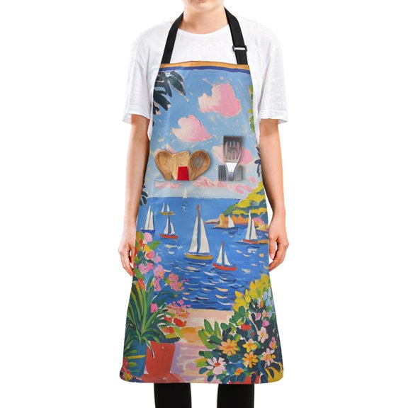 Yayeee Chief Kitchen Apron with Pockets for Cooking Water Resistant Unisex Adjustable Neck Strap, Pink Floral Window
