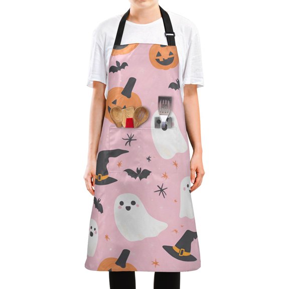 Yayeee Chief Kitchen Apron with Pockets for Cooking Water Resistant Unisex Adjustable Neck Strap, Pink Halloween Ghosts