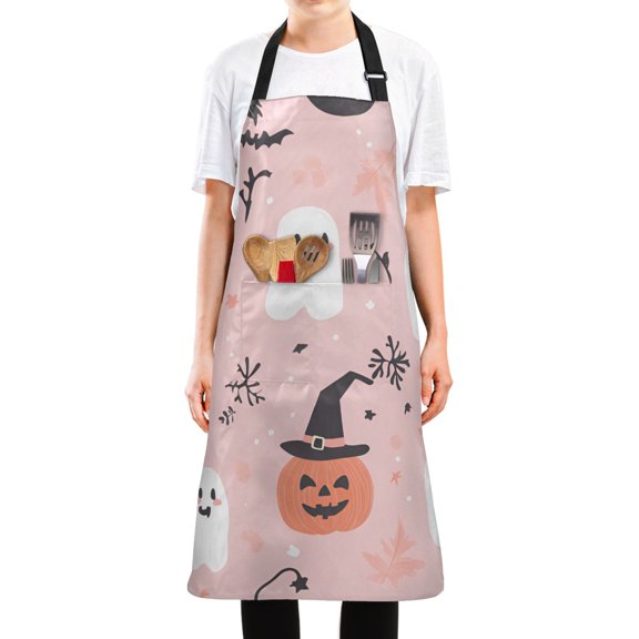 Yayeee Chief Kitchen Apron with Pockets for Cooking Water Resistant Unisex Adjustable Neck Strap, Pink Halloween Ghosts
