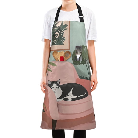 Yayeee Chief Kitchen Apron with Pockets for Cooking Water Resistant Unisex Adjustable Neck Strap, Pink Sleeping Cat