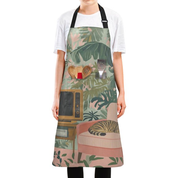Yayeee Chief Kitchen Apron with Pockets for Cooking Water Resistant Unisex Adjustable Neck Strap, Pink and Green Cat
