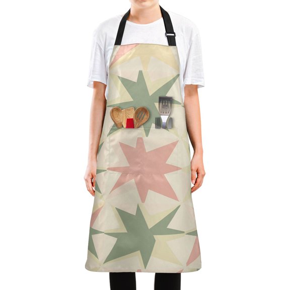 Yayeee Chief Kitchen Apron with Pockets for Cooking Water Resistant Unisex Adjustable Neck Strap, Pink and Green Geometric