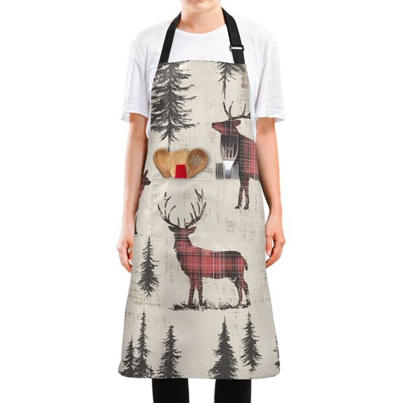 Yayeee Chief Kitchen Apron with Pockets for Cooking Water Resistant Unisex Adjustable Neck Strap, Plaid Deer