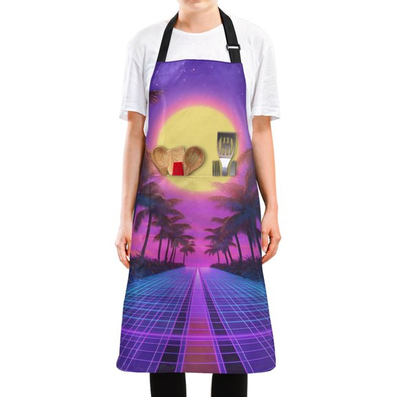 Yayeee Chief Kitchen Apron with Pockets for Cooking Water Resistant Unisex Adjustable Neck Strap, Purple Neon Road