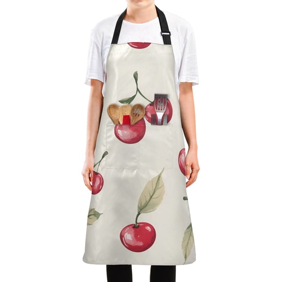 Yayeee Chief Kitchen Apron with Pockets for Cooking Water Resistant Unisex Adjustable Neck Strap, Red Cherry