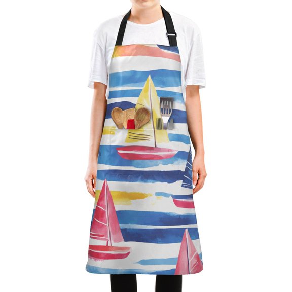 Yayeee Chief Kitchen Apron with Pockets for Cooking Water Resistant Unisex Adjustable Neck Strap, Red Hand Drawn Sailboats