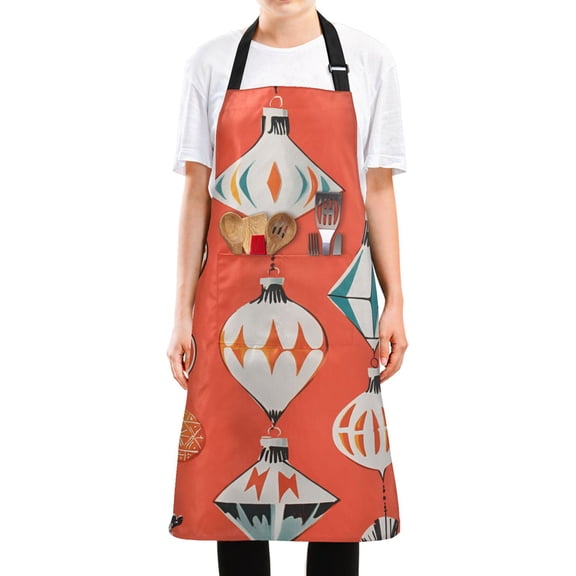 Yayeee Chief Kitchen Apron with Pockets for Cooking Water Resistant Unisex Adjustable Neck Strap, Retro Christmas Ornaments Pattern
