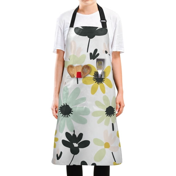 Yayeee Chief Kitchen Apron with Pockets for Cooking Water Resistant Unisex Adjustable Neck Strap, White Flower