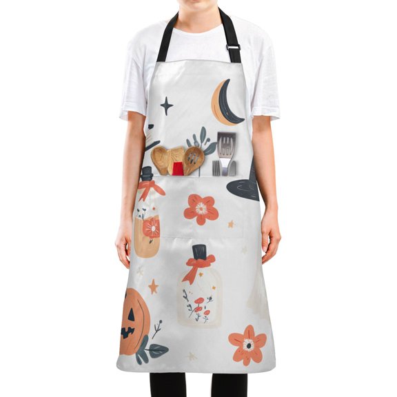 Yayeee Chief Kitchen Apron with Pockets for Cooking Water Resistant Unisex Adjustable Neck Strap, White Halloween Ghosts